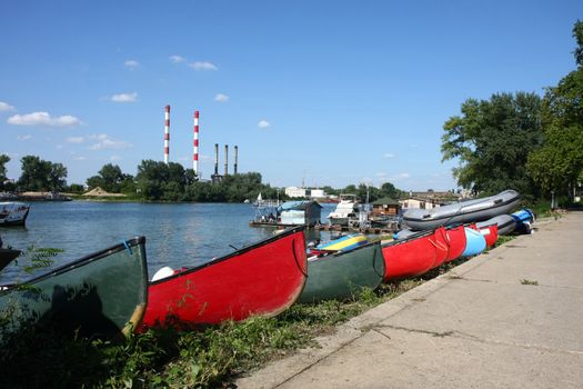 Boats and canoes on the riverside of Sava river,Belgrade,Serbia