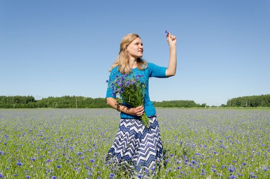 smiled woman pose in cornflower meadow with flower bouquet on blue sky bakcground