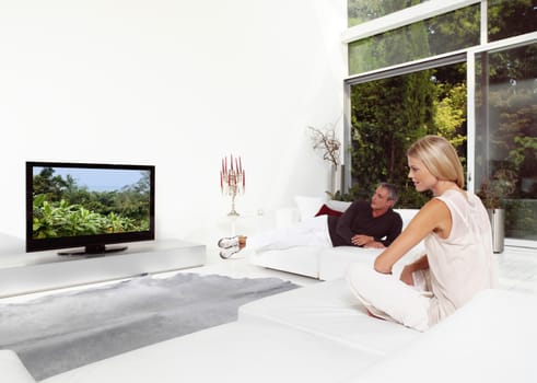 Beautiful Couple Sitting On Couch Watching TV