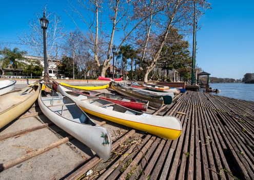 Parking of personal vehicles in El Tigre, a town in the delta of the Rio de la Plata, province of Buenos Aires, Argentina