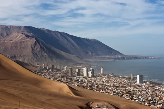 Iquique behind a huge dune, northern Chile, Tarapac Region, Pacific coast, west of the Atacama Desert and the Pampa del Tamarugal