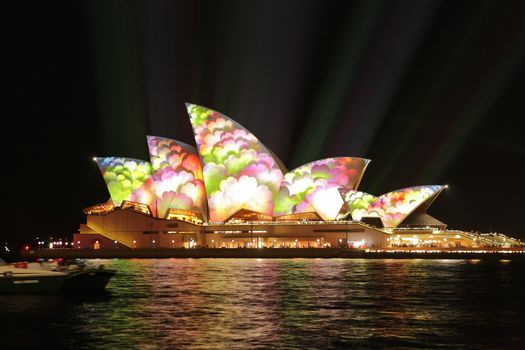 Sydney NSW, Australia - June 2, 2014;  Sydney Opera House sails covered in masses of flowers during Vivid Sydney annual festival event.