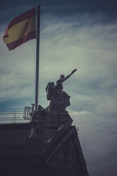 National Library in Madrid. Spain. Spanish flag