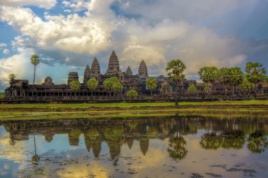 Sunset over the Angkor Wat temple in Cambodia