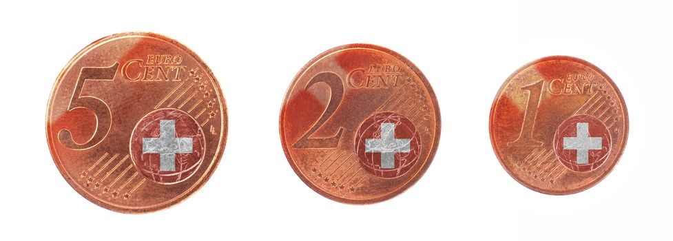 European union concept - 1, 2 and 5 eurocent, flag of Switzerland