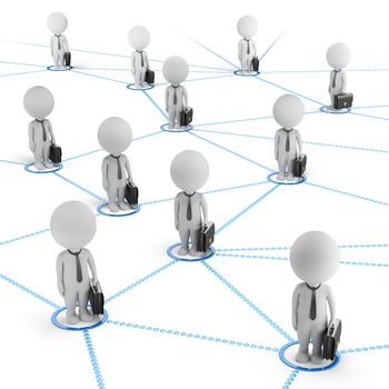 3d small people - businessmen standing in the global network of cells. 3d image. White background.