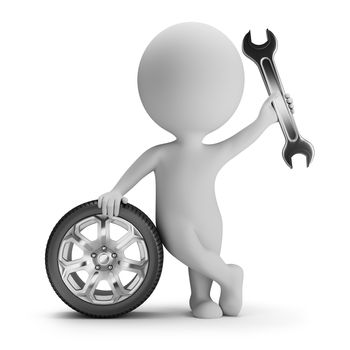 3d small person standing next to a car wheel with a wrench in hand. 3d image. White background.