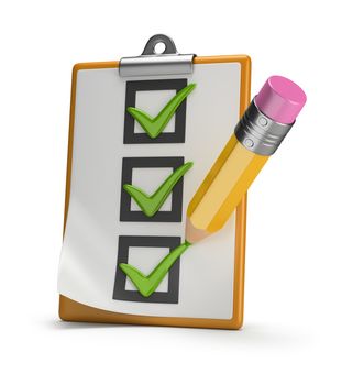 Checklist and pencil stamped tick. 3d image. White background.