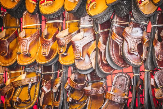 Leather craft stalls in a medieval fair