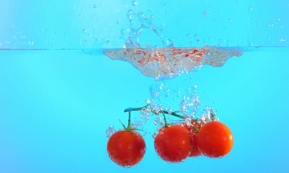 bunch of cherry tomatoes in splash of water, Isolated on blue background