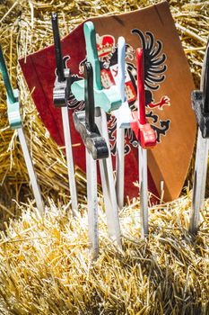 handmade wooden swords in a medieval fair