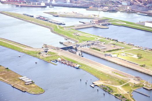 Aerial view at sea lock IJmuiden, The Netherlands