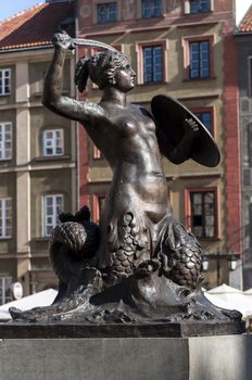 Mermaid statue in the Old Town Square of Warsaw, Poland.