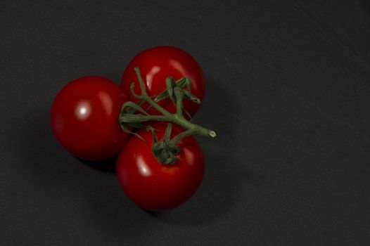 Bunch of fresh ripe red cherry tomatoes on the vine for use as cooking ingredients or in a salad, on a dark background with copyspace, high angle view