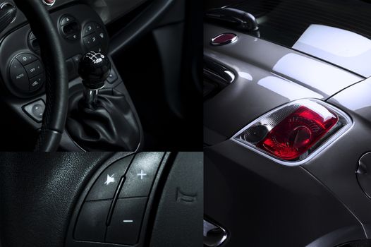 Car Interior and Exterior Collage showing shift know steering wheel and tail light.