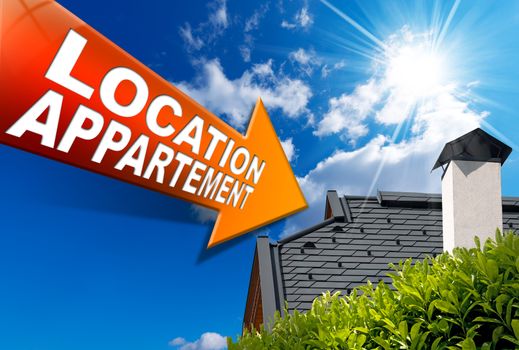 Sign in arrow shape with inscription: rental apartment (in French) on blue sky with roof, clouds and sun rays
