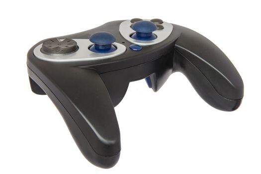 Black joystick of computer or video game on white background