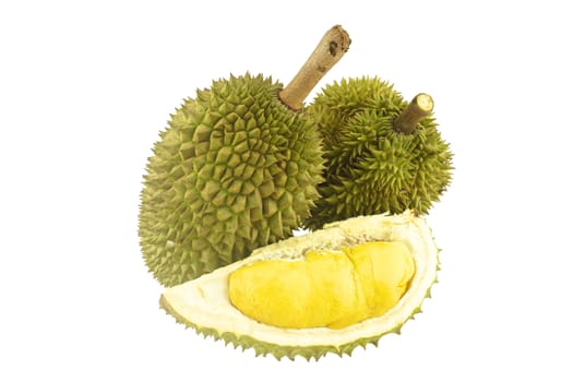Durian ripe and part with spikes isolated on white background.