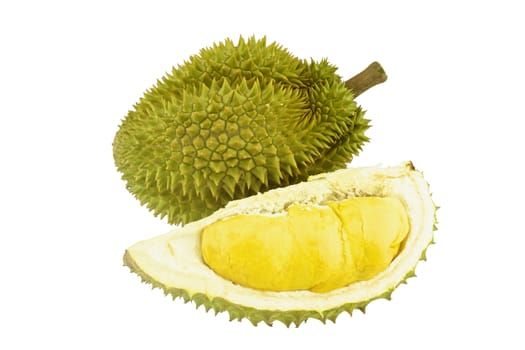 Durian ripe and part with spikes isolated on white background.