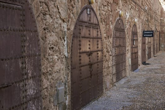 Artisan shops closed for Eid in the historic fishing port of Essaouira in Morocco.