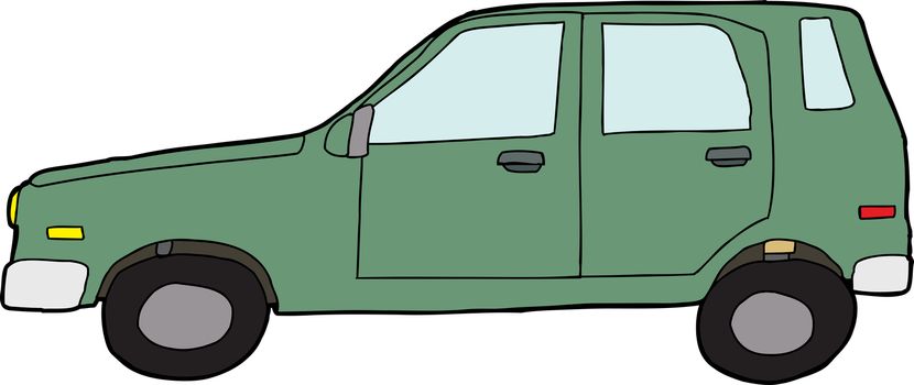 Hand drawn green cartoon car on isolated white background