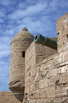 Fortified tower guarding the historic fishing port of Essaouira in Morocco.