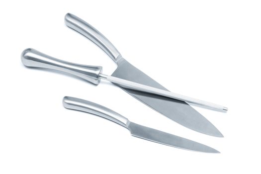 steel kitchen knives on a white background