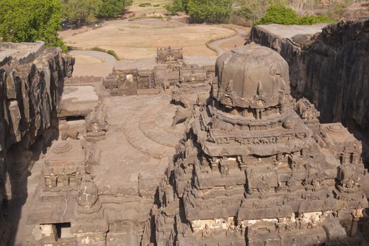 Ancient Hindu Temple (Kailas Temple) carved out of solid rock. Cave number 16, Ellora Caves, near Aurangabad, India. 8th Century AD