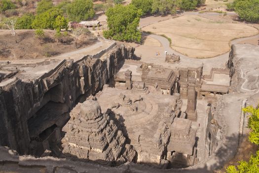 Ancient Hindu Temple (Kailas Temple) carved out of solid rock. Cave number 16, Ellora Caves, near Aurangabad, India. 8th Century AD