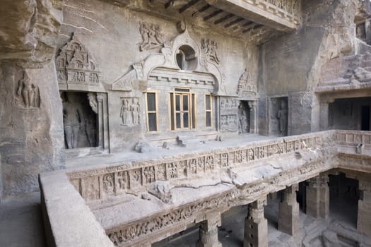 Facade of ancient rock carved Buddhist temple (Vishwakarma Cave Temple), Ellora Caves near Aurangabad, India. 7th-8th Century AD.