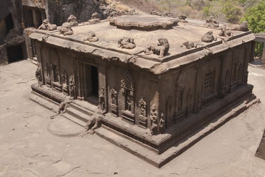 Hindu temple carved out of solid rock. Cave number 15 (Dashavatar), Ellora Caves, near Aurangabad, India. 8th - 9th Century AD