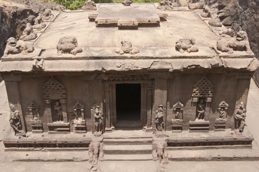 Hindu temple carved out of solid rock. Cave number 15 (Dashavatar), Ellora Caves, near Aurangabad, India. 8th - 9th Century AD