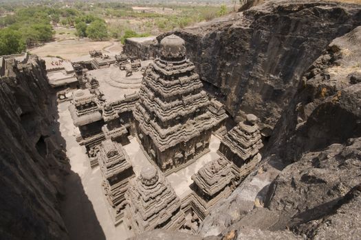 Ancient Hindu Temple (Kailas Temple) carved out of solid rock. Cave number 16, Ellora Caves, near Aurangabad, India. 8th Century AD