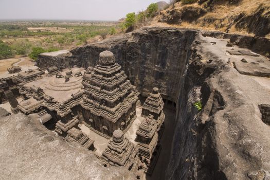Ancient Hindu Temple (Kailas Temple) carved out of solid rock. Cave number 16, Ellora Caves, near Aurangabad, India. 8th Century AD
