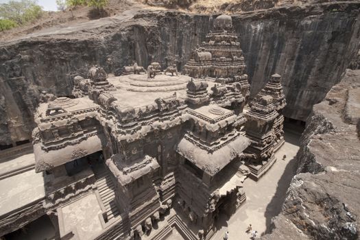 Ancient Hindu Temple (Kailas Temple) carved out of solid rock. Cave number 16, Ellora Caves, near Aurangabad, India. 8th Century AD