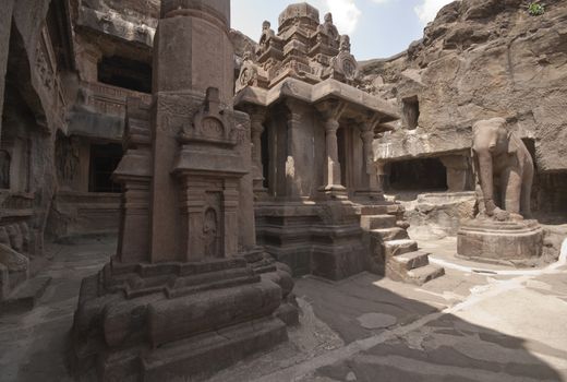 Courtyard of an ancient Jain Temple (Indra Sabha). Cave number 32, Ellora Caves, near Aurangabad, India. 10th - 12th Century AD