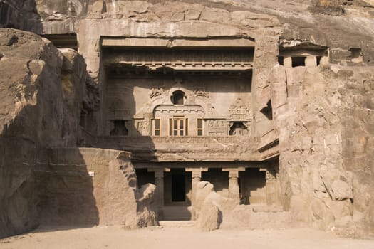 Entrance to ancient rock carved Buddhist temple (Vishwakarma Cave Temple), Ellora Caves near Aurangabad, India. 7th-8th Century AD.