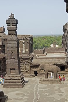 Ancient Hindu Temple (Kailas Temple) carved out of solid rock. Cave number 16, Ellora Caves, near Aurangabad, India. 8th Century AD