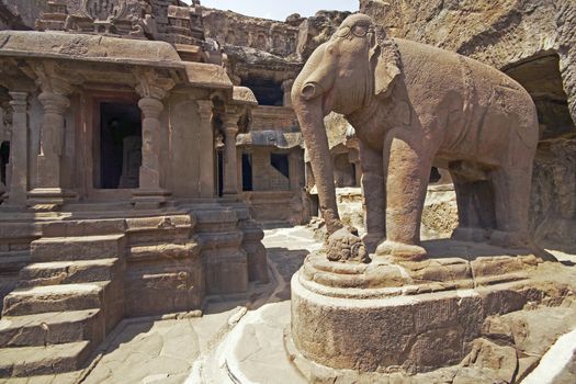 Elephant statue in the courtyard of an ancient Jain Temple (Indra Sabha). Cave number 32, Ellora Caves, near Aurangabad, India. 10th - 12th Century AD