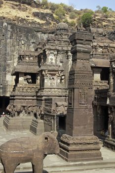 Ancient Hindu Temple (Kailas Temple) carved out of solid rock. Cave number 16, Ellora Caves, near Aurangabad, India. 8th Century AD