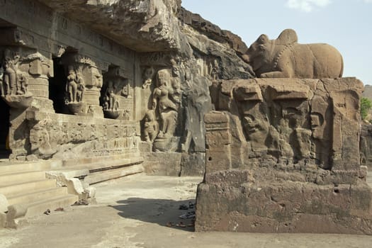 Ancient Hindu Temple carved out of solid rock, Ellora Caves, near Aurangabad, India. Cave number 21 (Rameshwar).