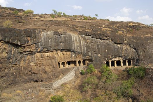 Ellora caves. Ancient Hindu Temples carved out of solid rock on a hillside near Aurangabad, India. Cave numbers 26 and 27.