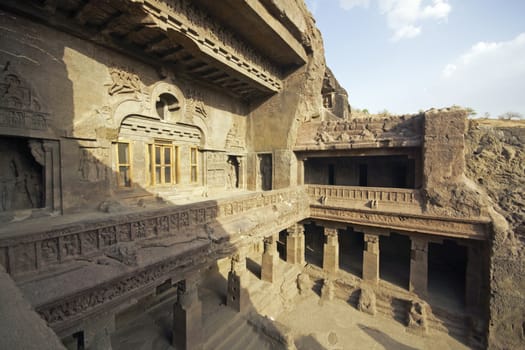 Facade of ancient rock carved Buddhist temple (Vishwakarma Cave Temple) Ellora Caves near Aurangabad India. 7th-8th Century AD.
