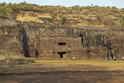 Ancient Hindu Temple (Kailas Temple) carved out of solid rock. Cave number 16, Ellora Caves, near Aurangabad, India. 8th Century AD