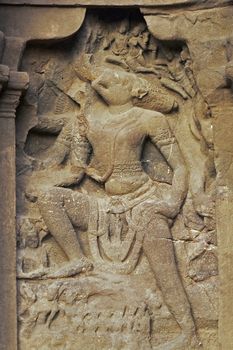 Religious carving on the Hindu Temple (Kailas Temple), itself carved out of solid rock. Cave 16, Ellora Caves, India. 8th Century AD