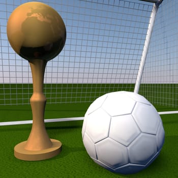 Golden cup near a football, over football field, 3d render