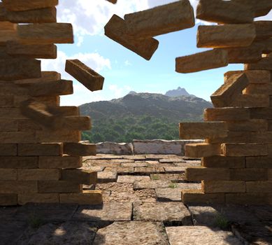 concept vintage image of crashed stone ancient stone wall with mountains view