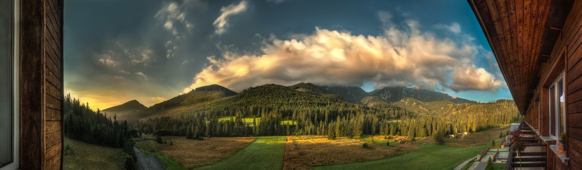 morning landscape view from the hotel room in Belianske Tatry mountains, Slovakia