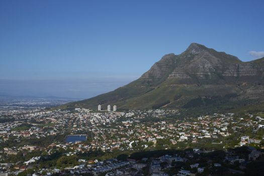 Cape Town in South Africa. Large city nestling beneath Table Mountain