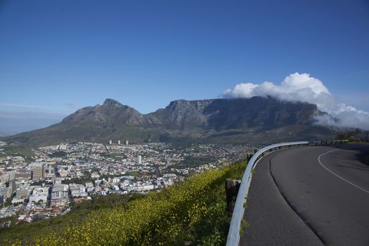 Cape Town in South Africa. Large city nestling beneath Table Mountain.